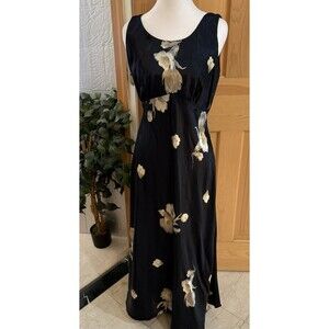 Rabbit Designs Satin Sleeveless Black Gown Flowers Y2K Whimsy Slinky Slipdress